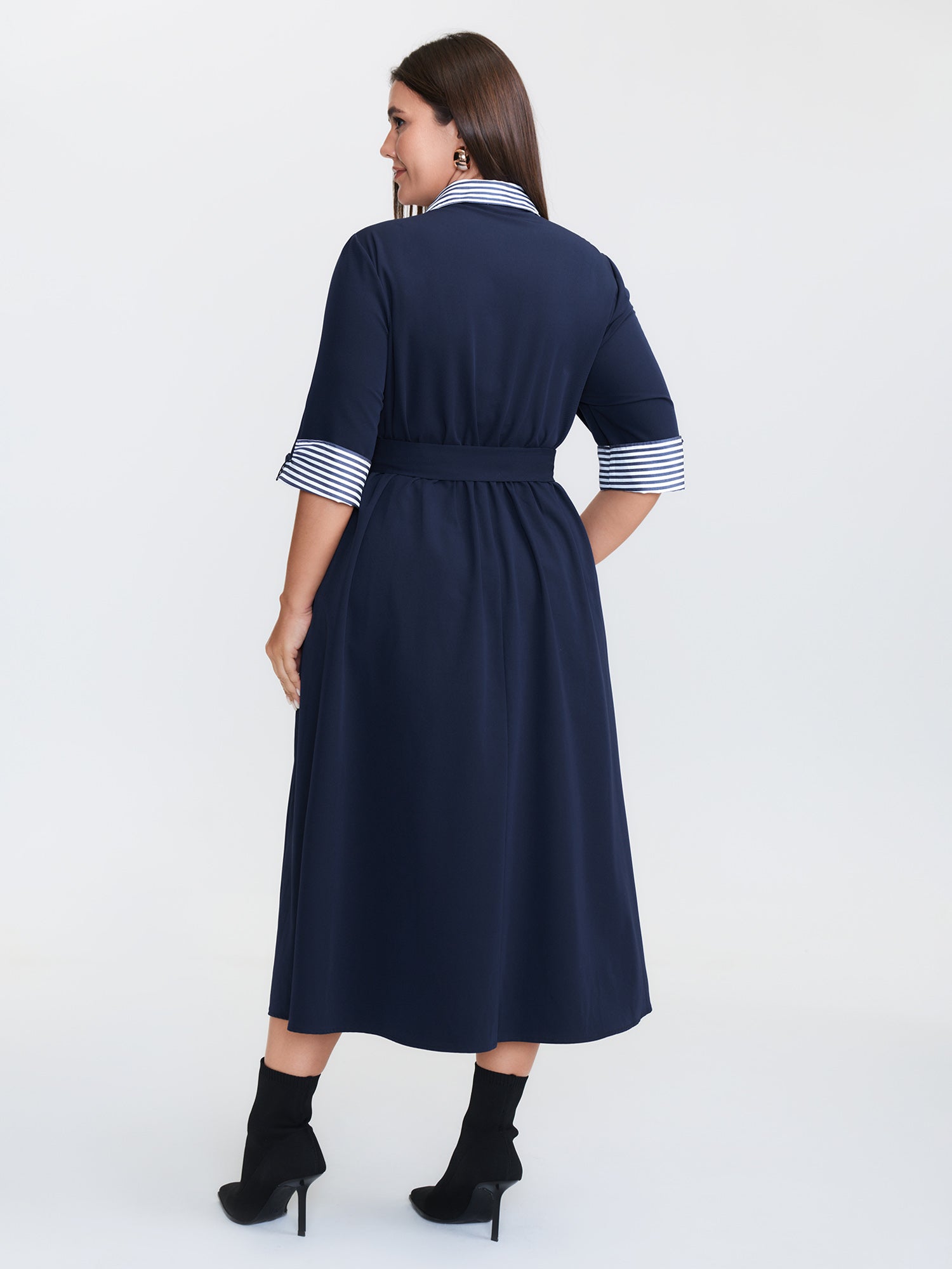 Color Contrast Cuffs Belted Midi Dress