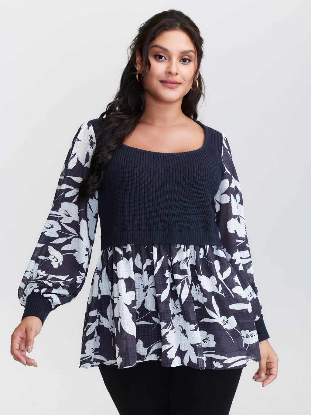 Chiffon Floral Layered Square Neck Pullover