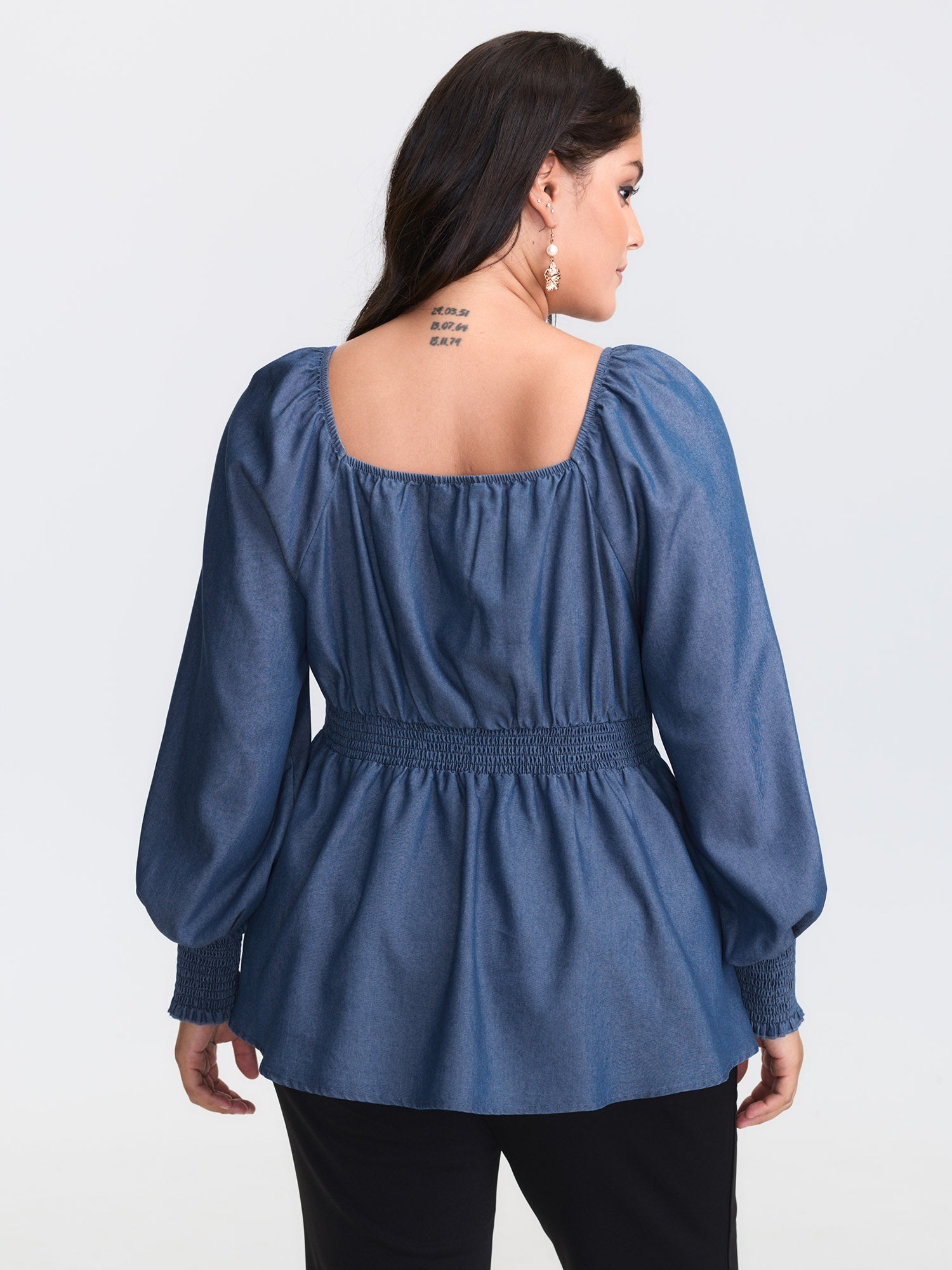 Denim Shirred Back Sweetheart Neck Blouse