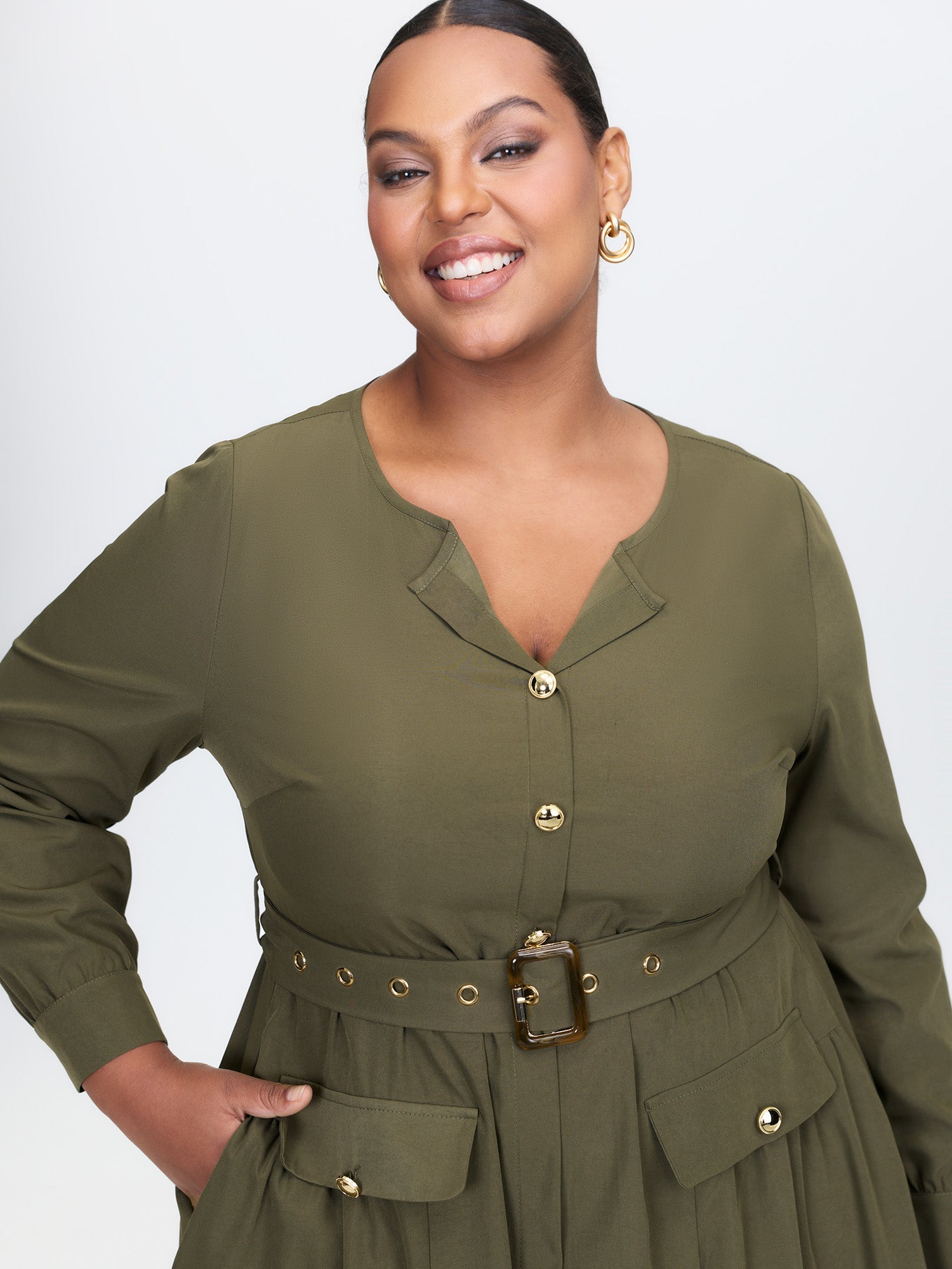 Belted Waist Buttons Pockets Midi Dress