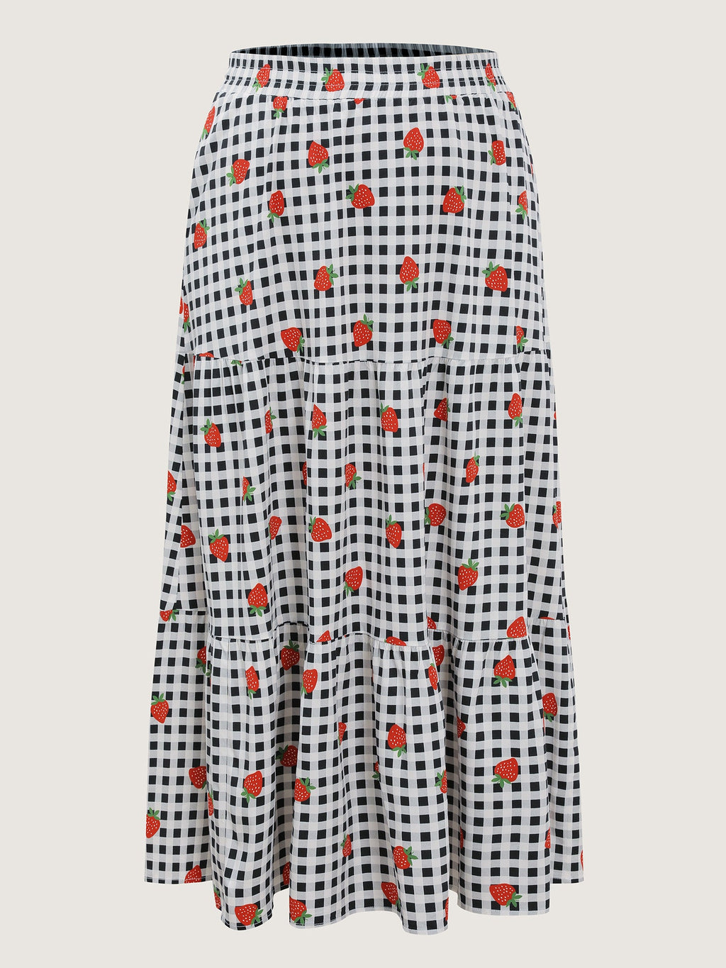 Checkered Fruity Print Tiered Maxi Skirt