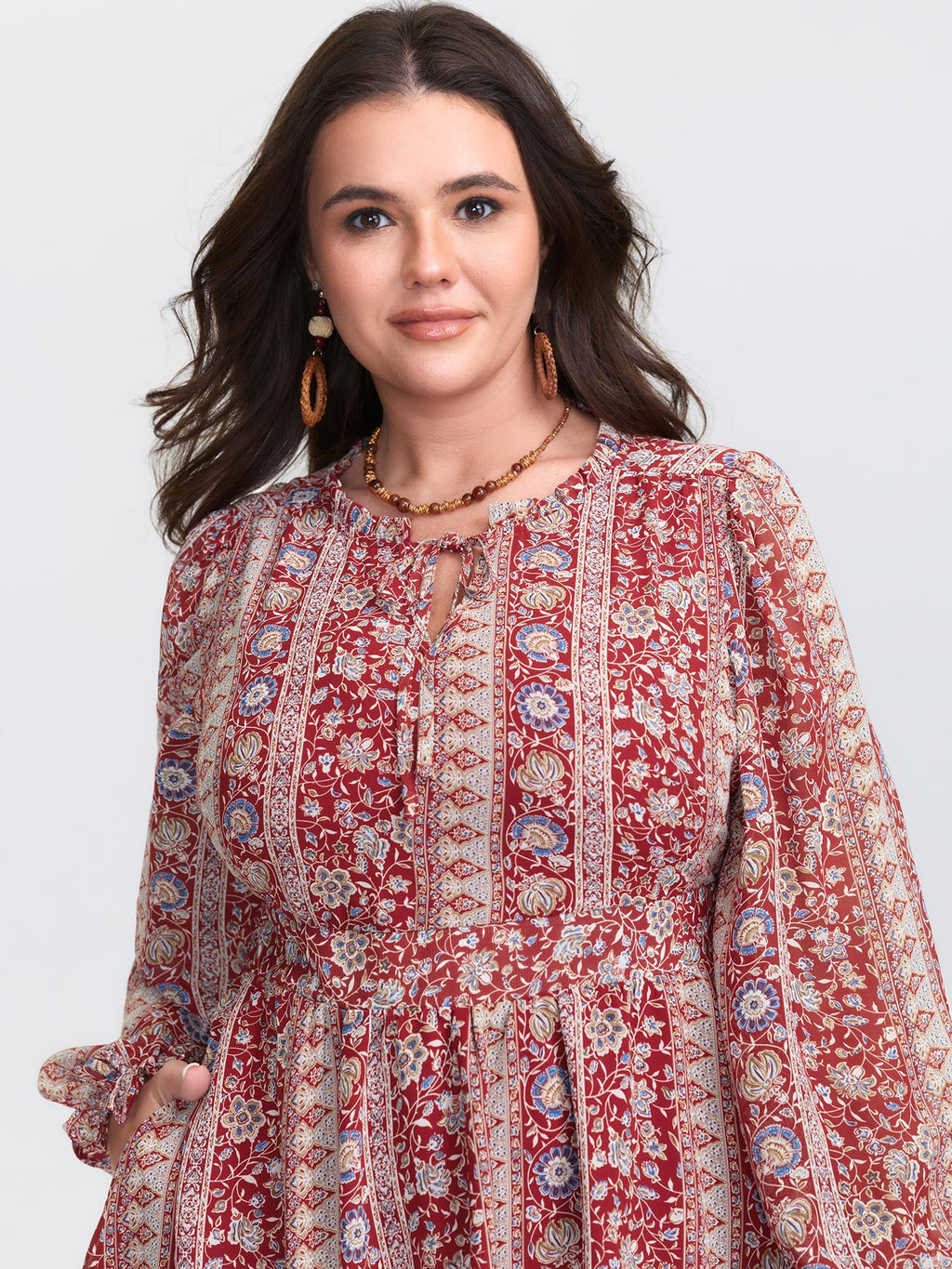 Chiffon Boho Stripe Stretchy Waist Midi Dress