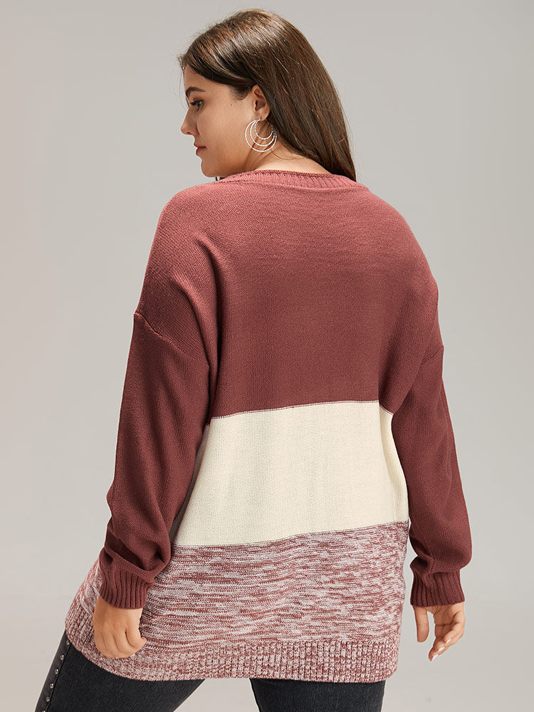 Contrast Heather V Neck Button Detail Pullover