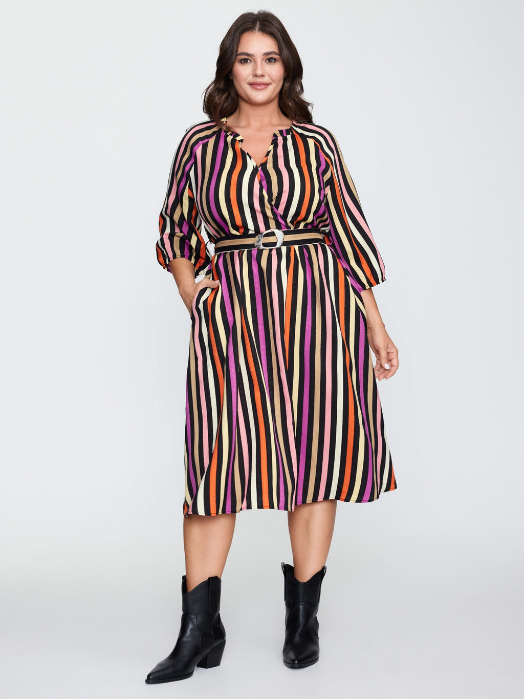 Autumn Stripe Print Belted Waist Midi Dress