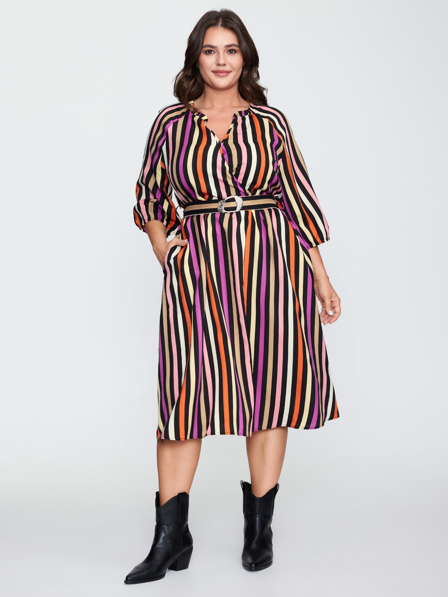 Autumn Stripe Print Belted Waist Midi Dress