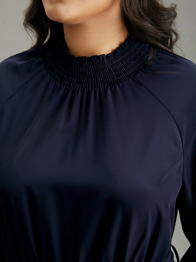 Anti-Wrinkle Plain Shirred Mock Neck Belted Dress