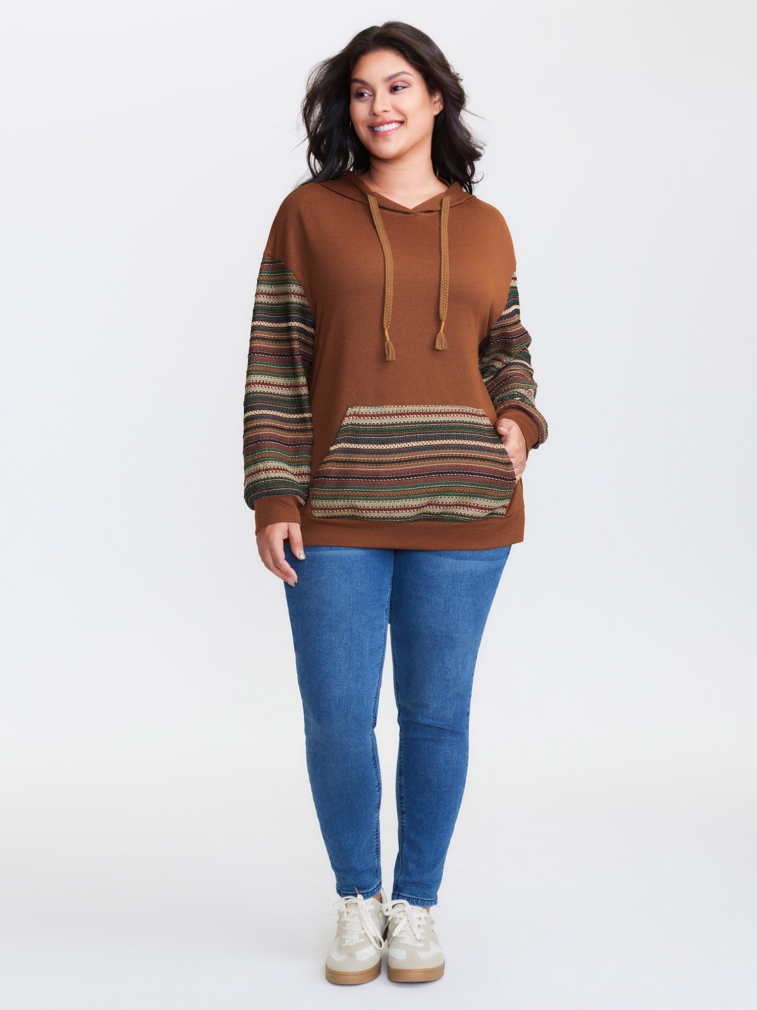 Color Contrast Stripe Textured Hoodie