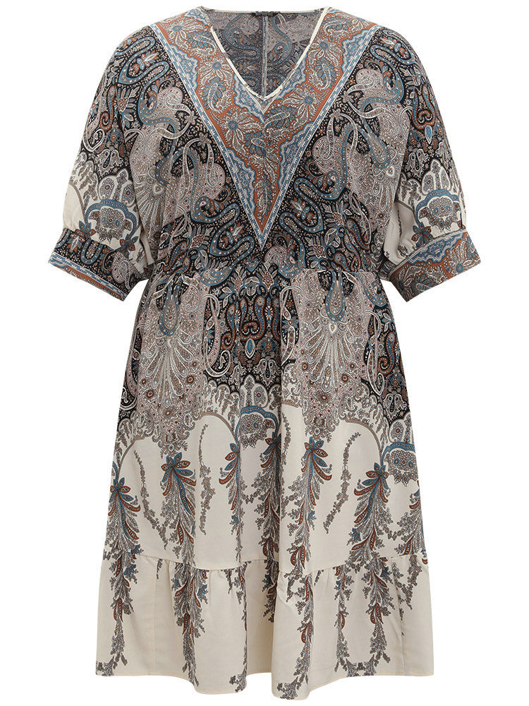 Bandana Print Pocket Elastic Waist Patchwork Dress