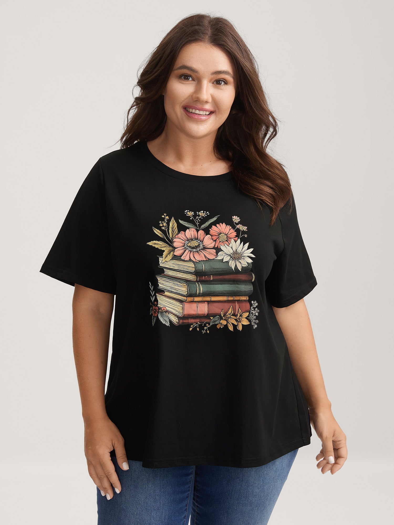 Bookish Florals Print Round Neck T-Shirt