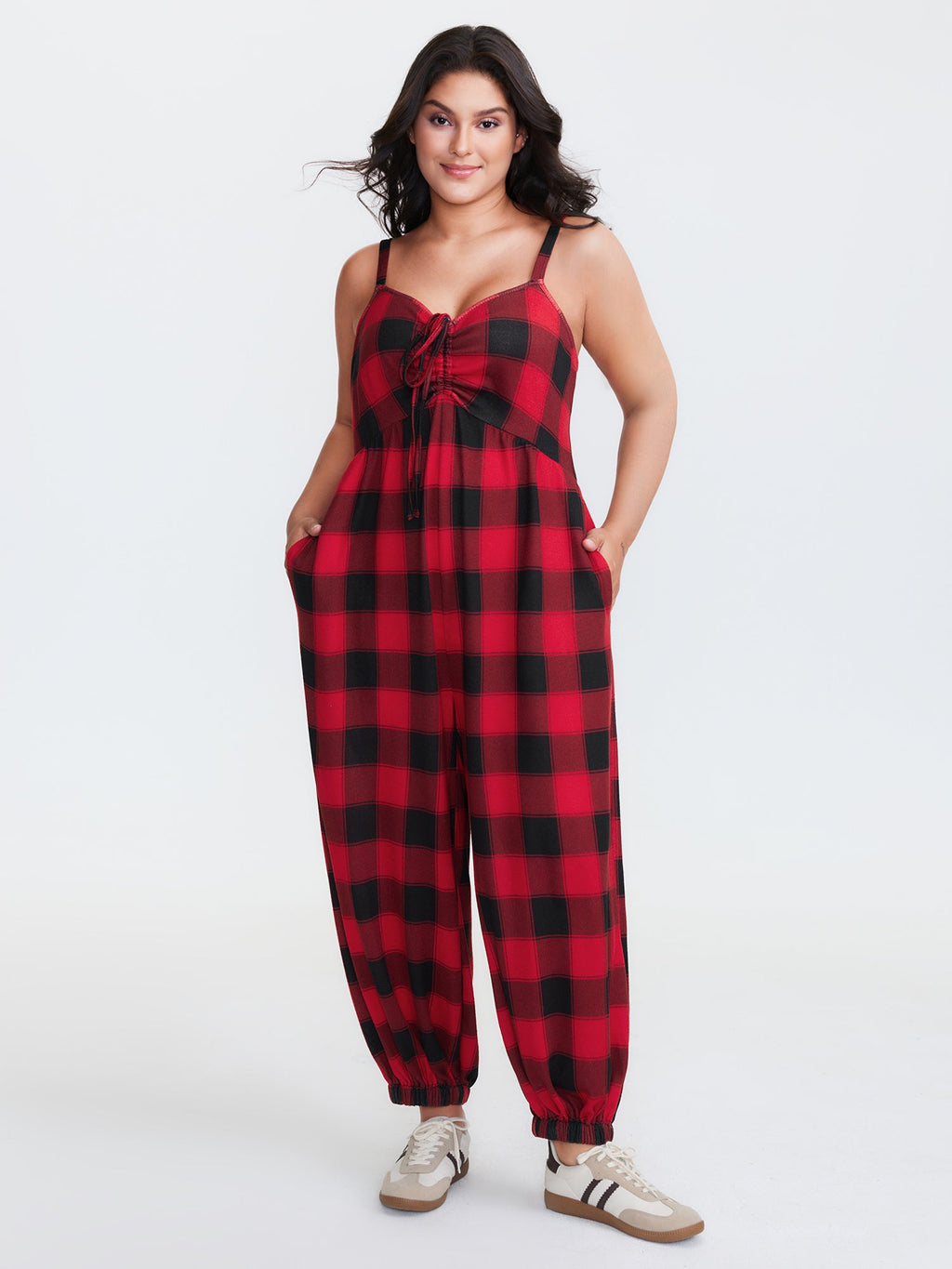 Checkered Shirred Drawstring Pockets Jumpsuit