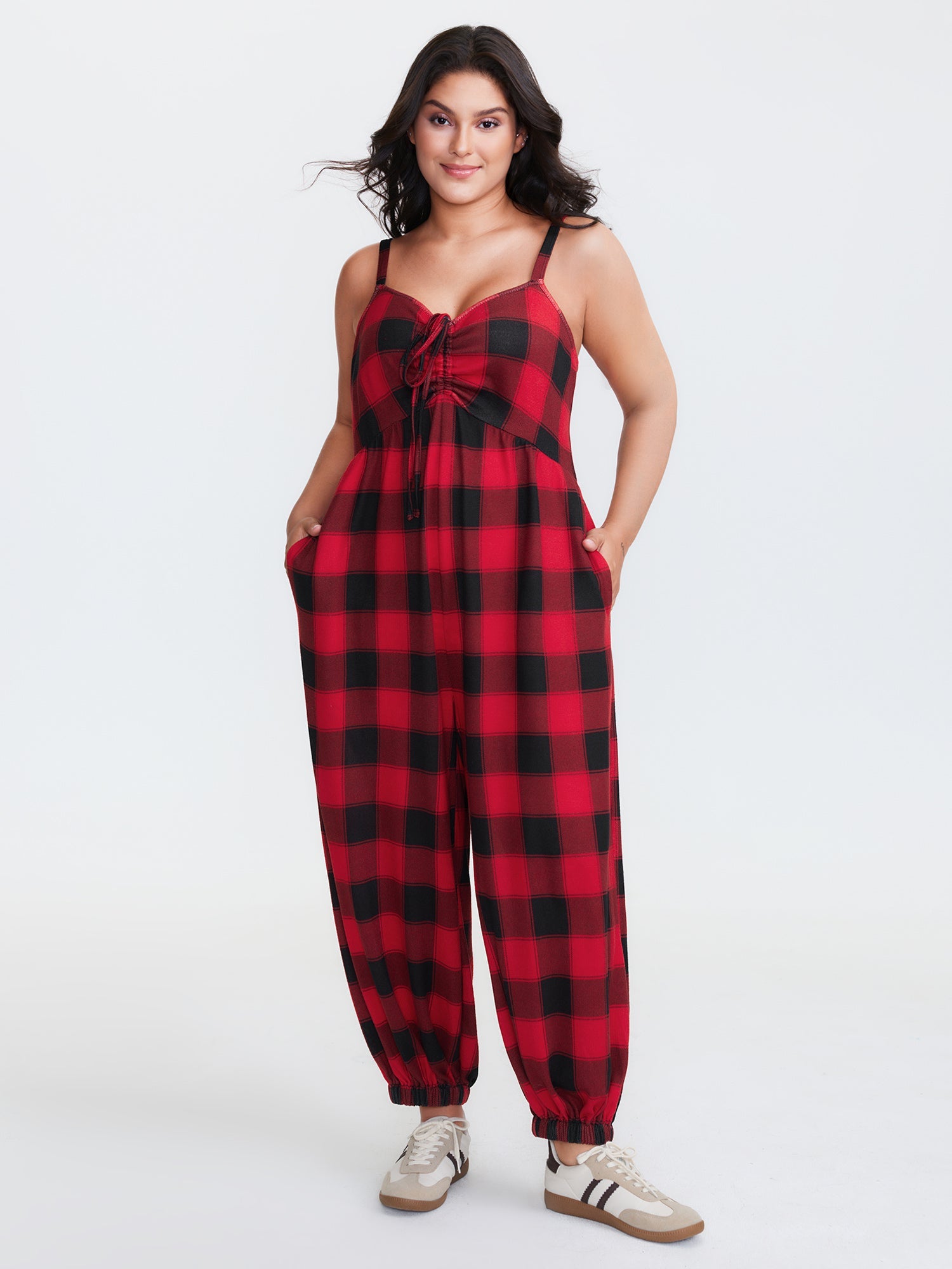Checkered Shirred Drawstring Pockets Jumpsuit