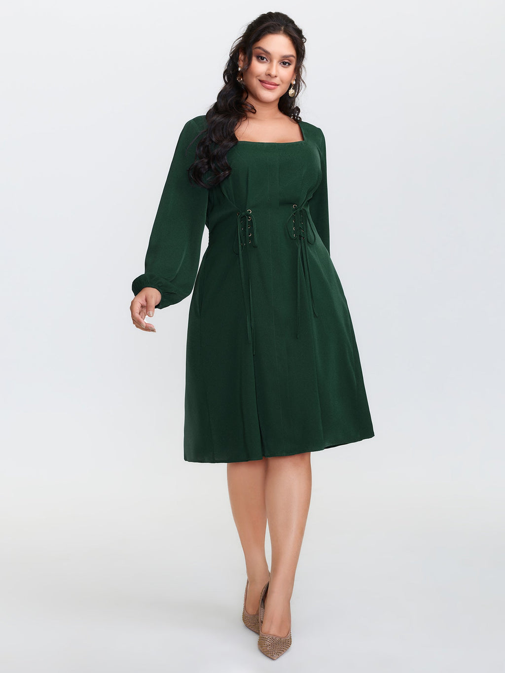 Cinched-Tie Waist Shirred Midi Dress