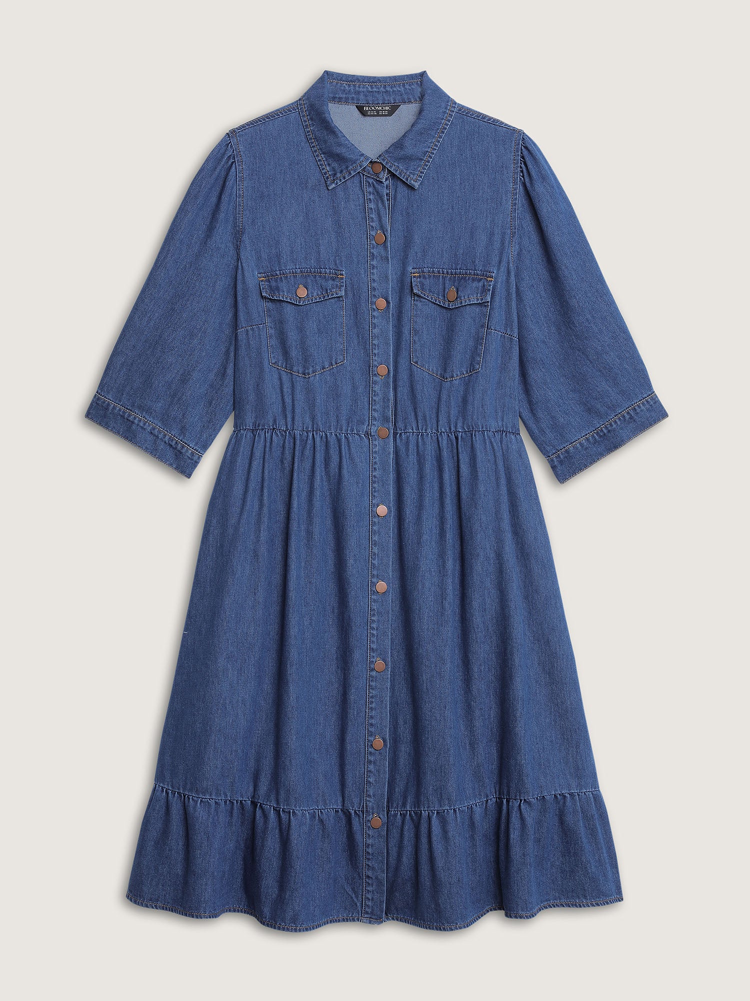Denim Ruffled Hem Pockets Shirt Dress