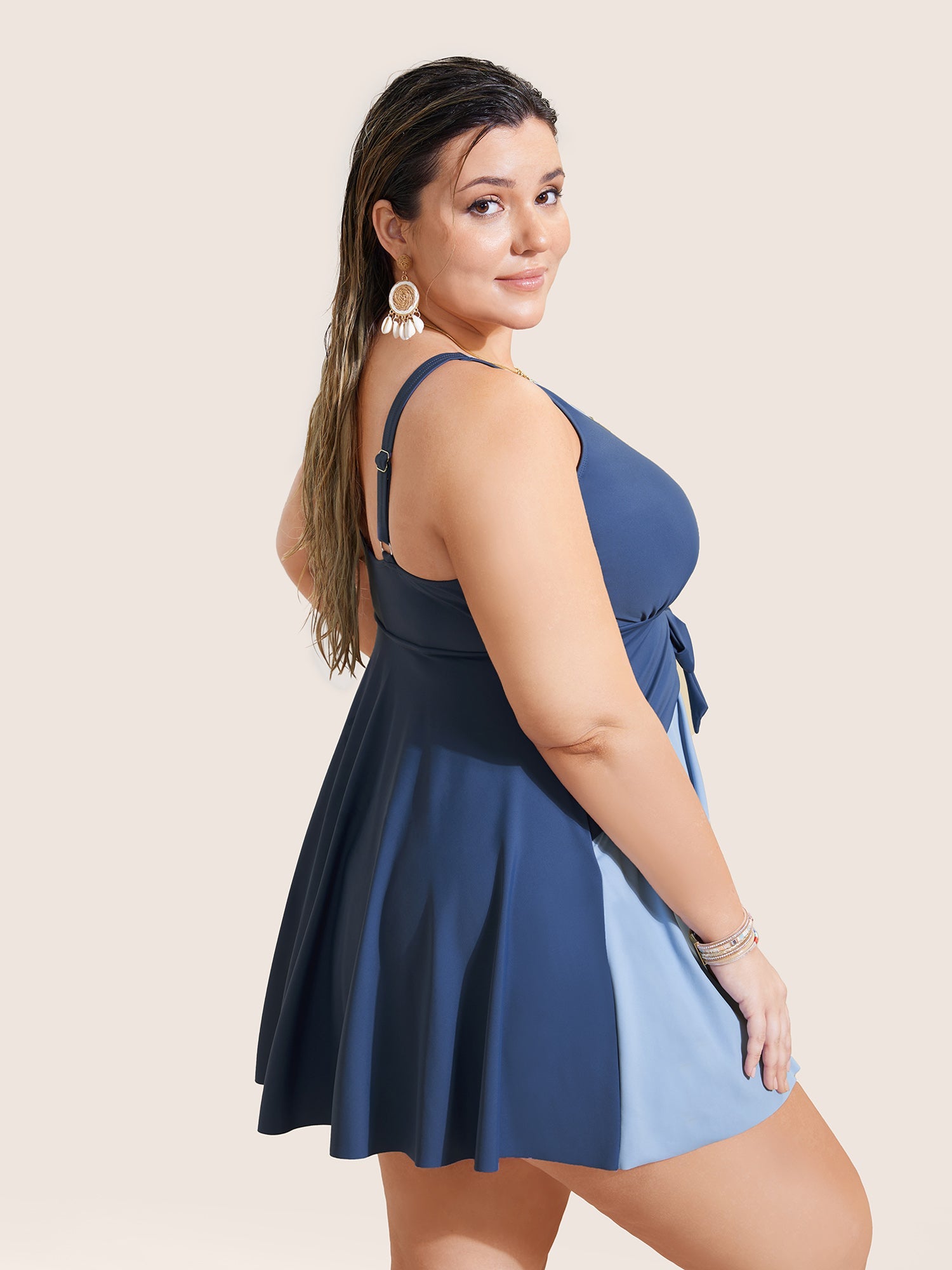 Contrast V Neck Tie Knot Swim Dress