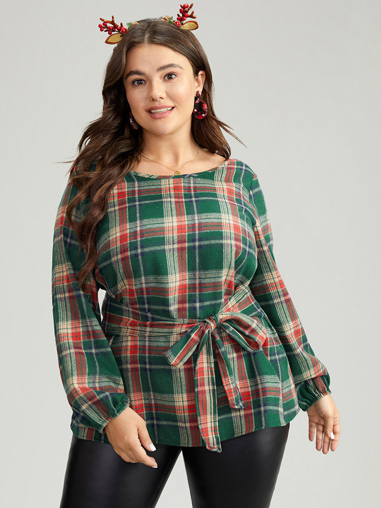 Christmas Plaid Ties Lantern Sleeve Blouse