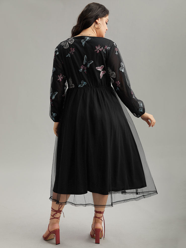 Butterfly Embroidered Mesh Gathered Patchwork Dress