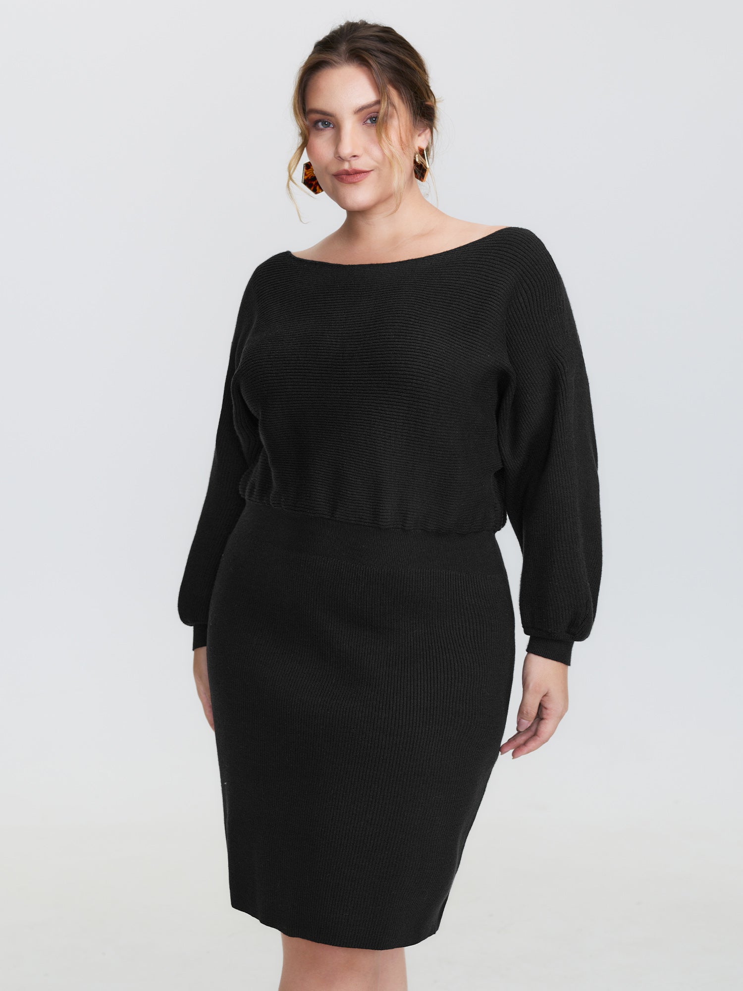 Boatneck Textured Dolman Sleeve Sweater Dress