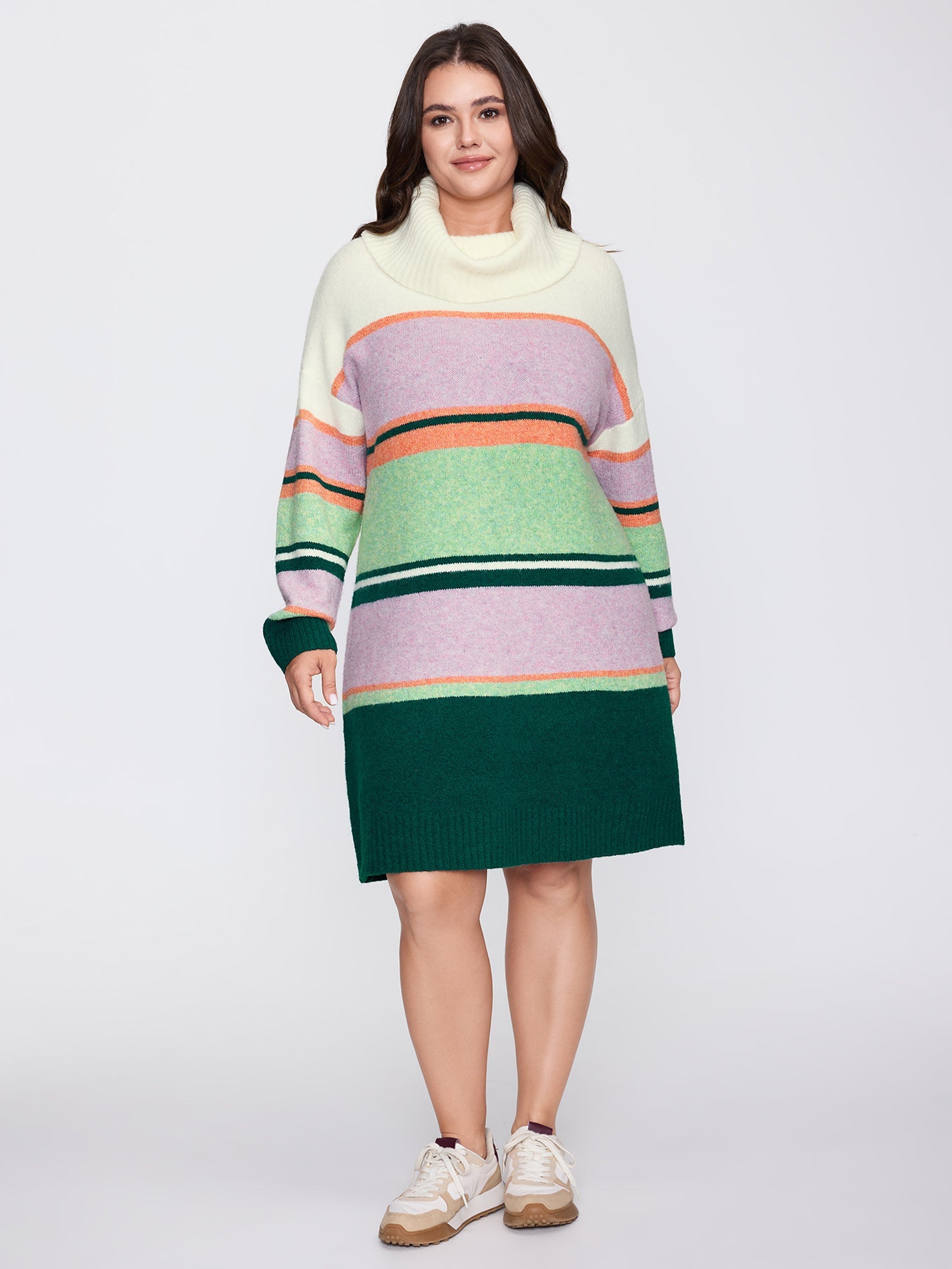 Colorful Stripe Drape Turtleneck Sweater Dress