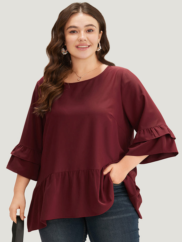 Anti-Wrinkle Plain Ruffle Layered Sleeve Crew Neck Blouse
