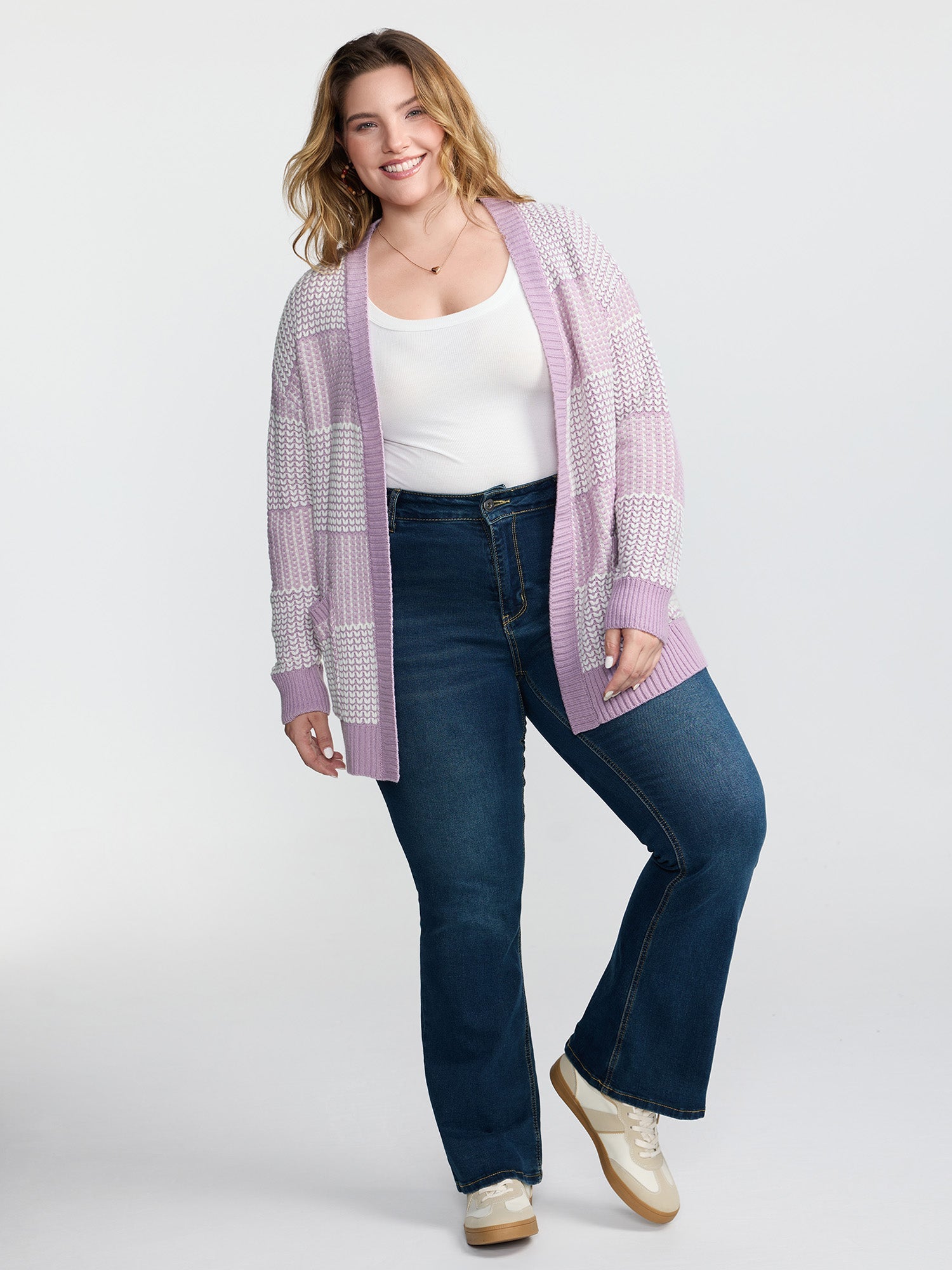 Color Stripes Pockets Textured Knit Cardigan