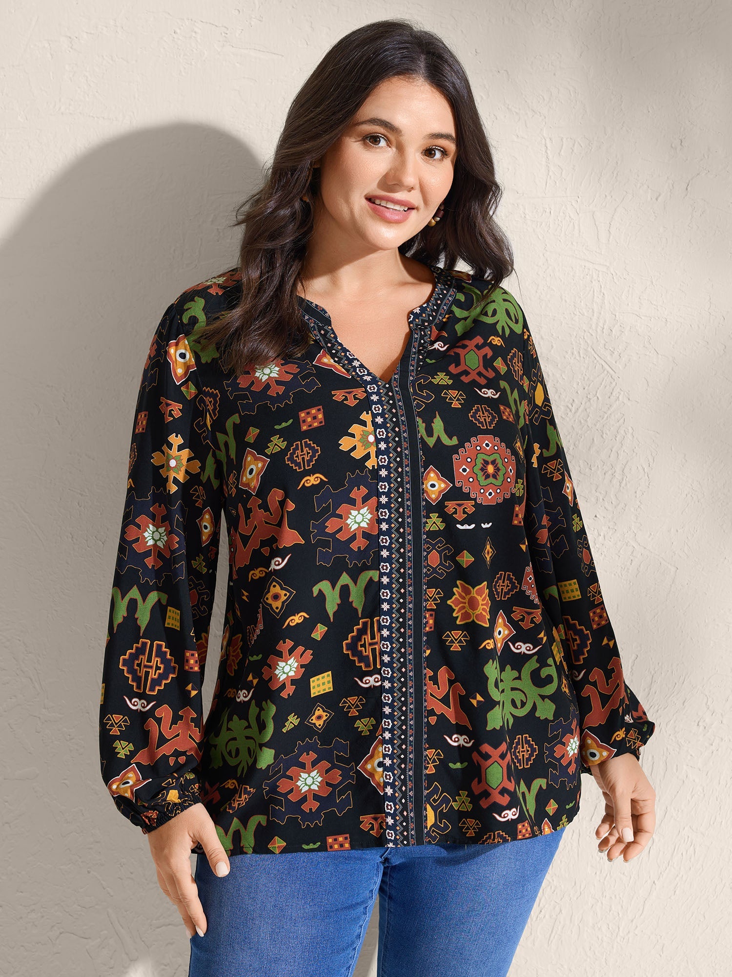 Boho Geometric Pattern Split Neck Blouse