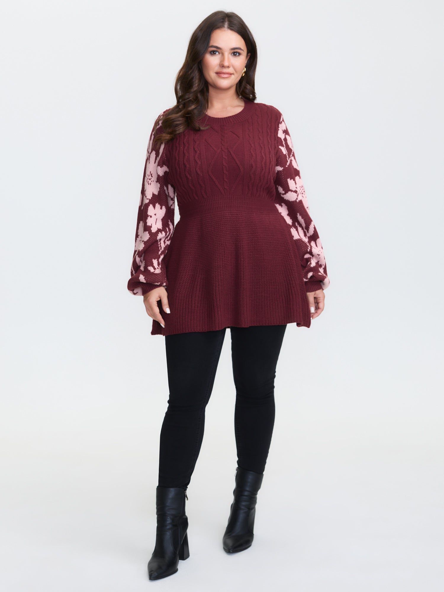 Cableknit Floral Cinched-Waist Pullover