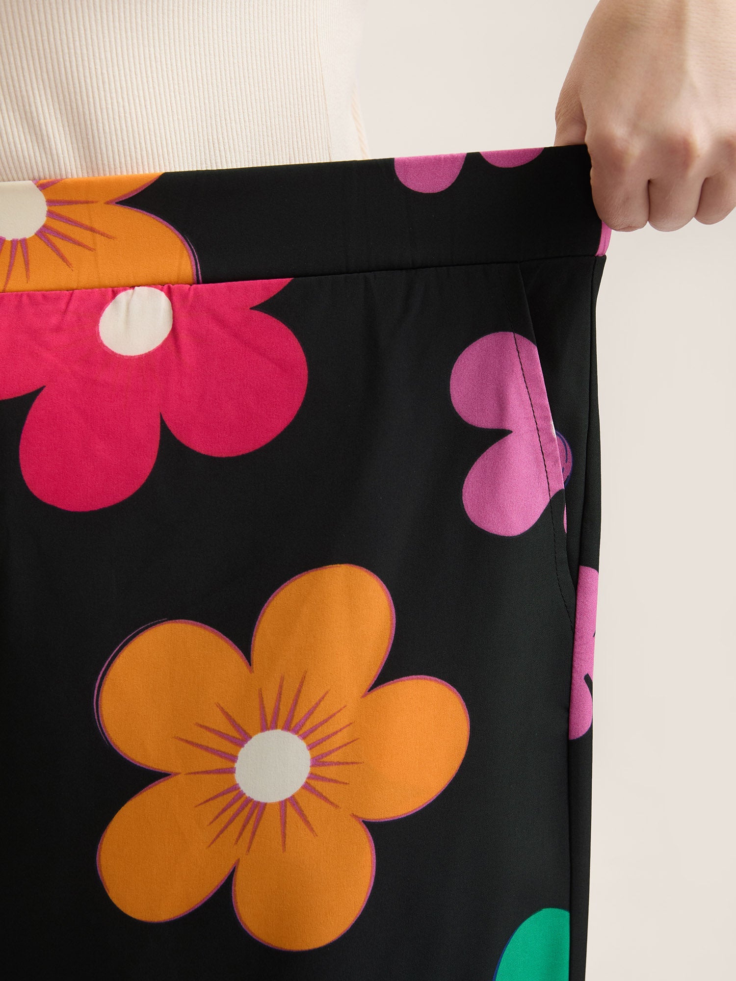 Colorful Large Floral Print Wide-Leg Pants