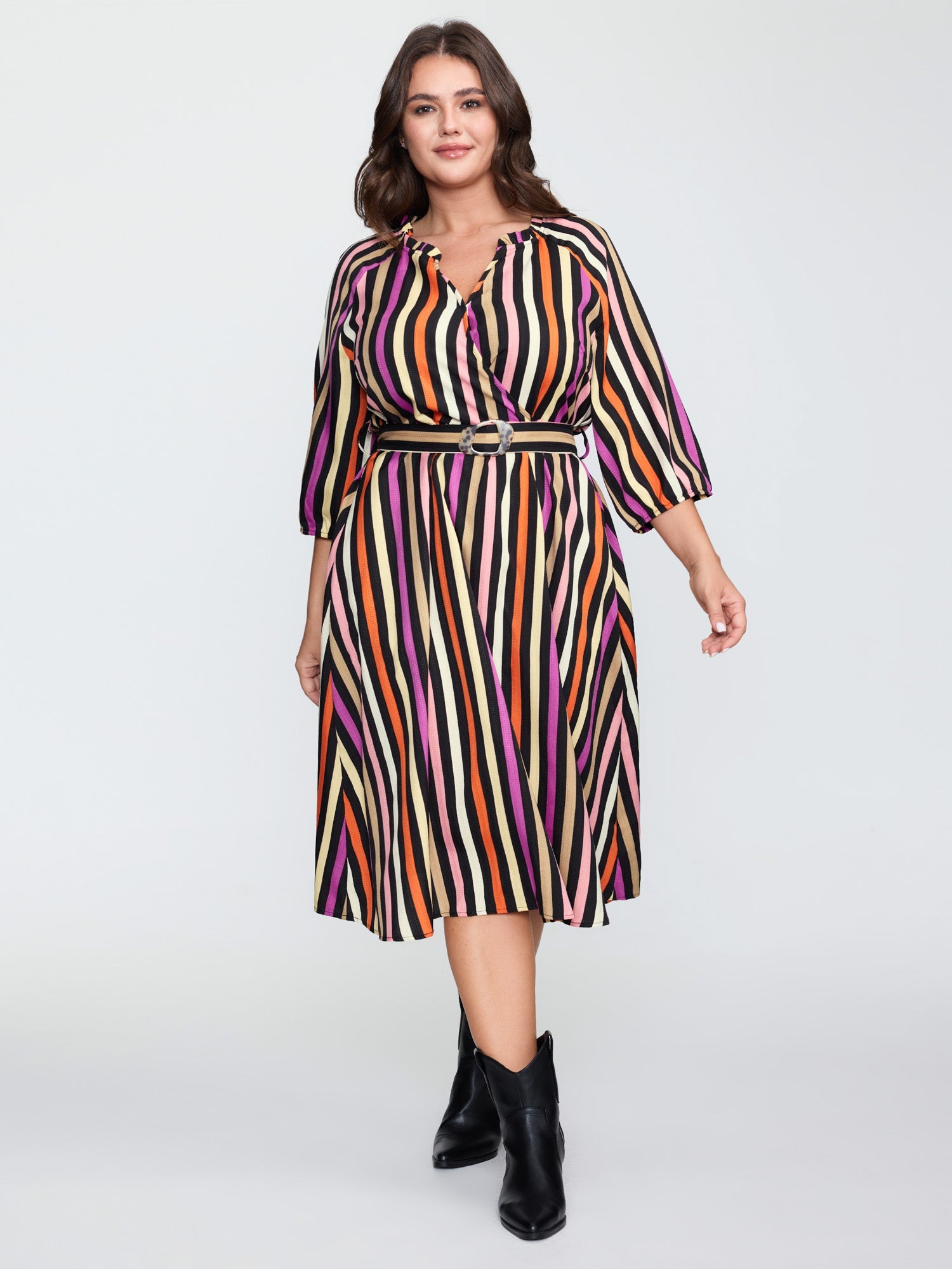 Autumn Stripe Print Belted Waist Midi Dress