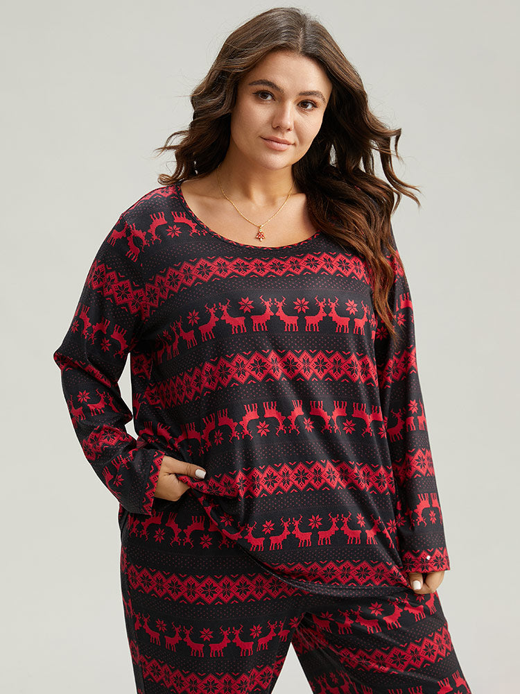 Christmas Elk Print Round Neck Sleep Top