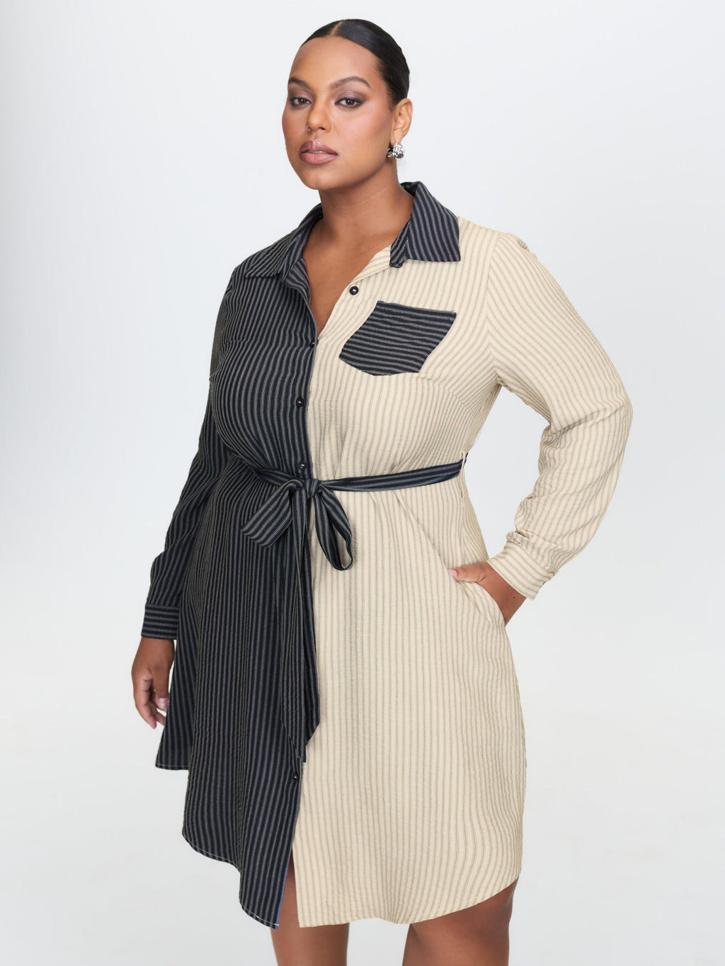 Colorblock Belted Waist Midi Shirt Dress