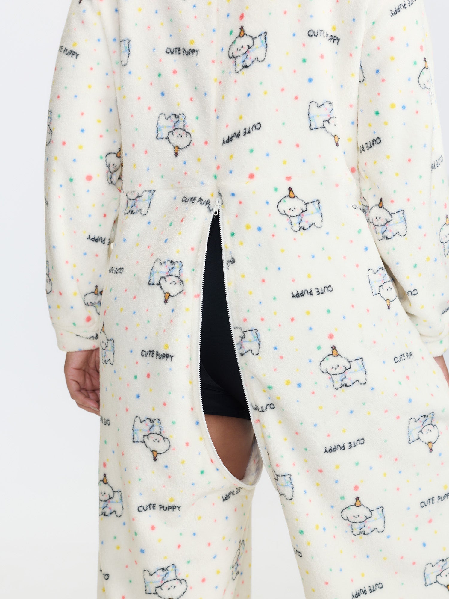 Cozy Puppy Print Zipper Front Lounge Jumpsuit