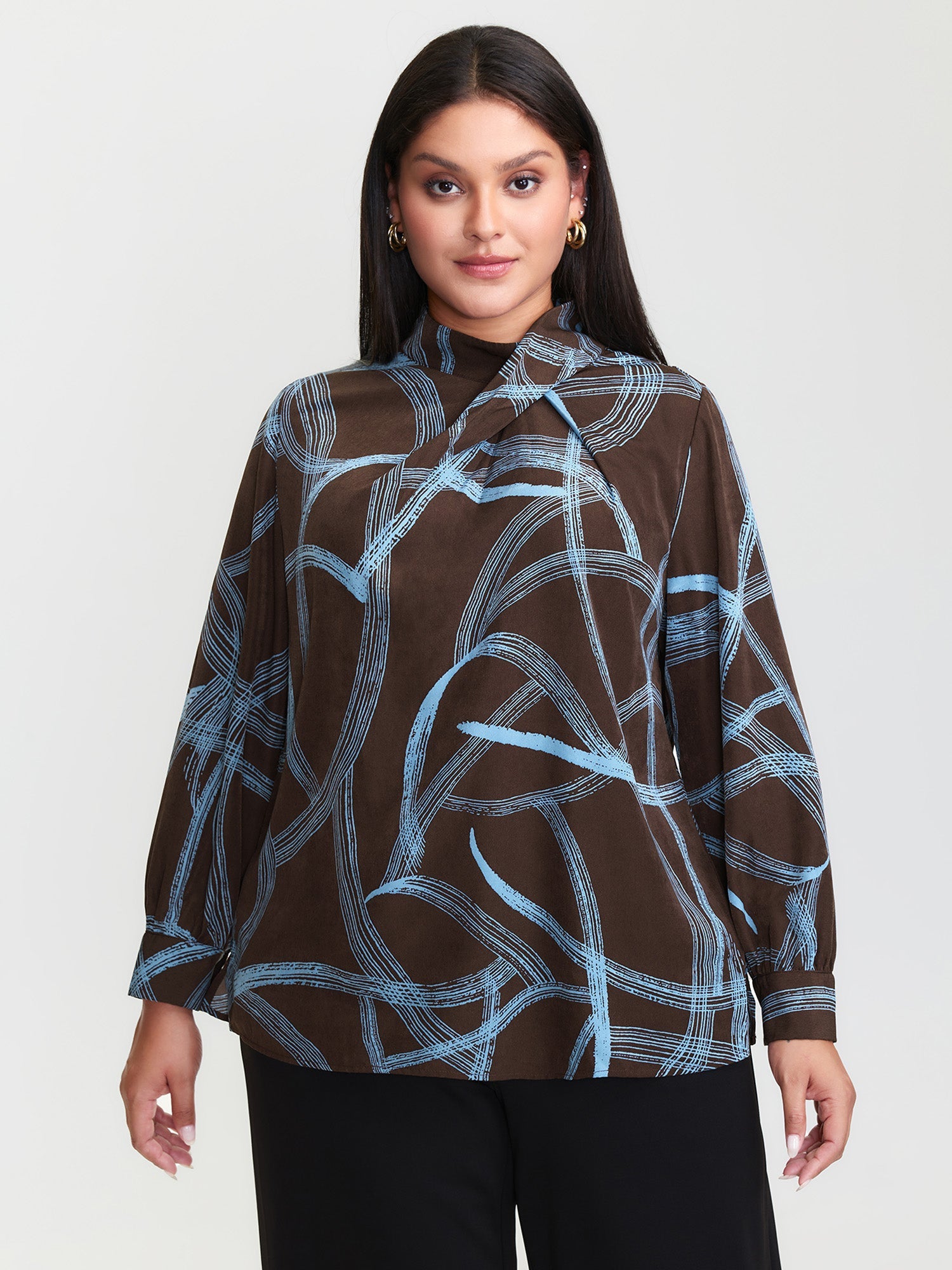 Abstract Print Drape Neckline Blouse