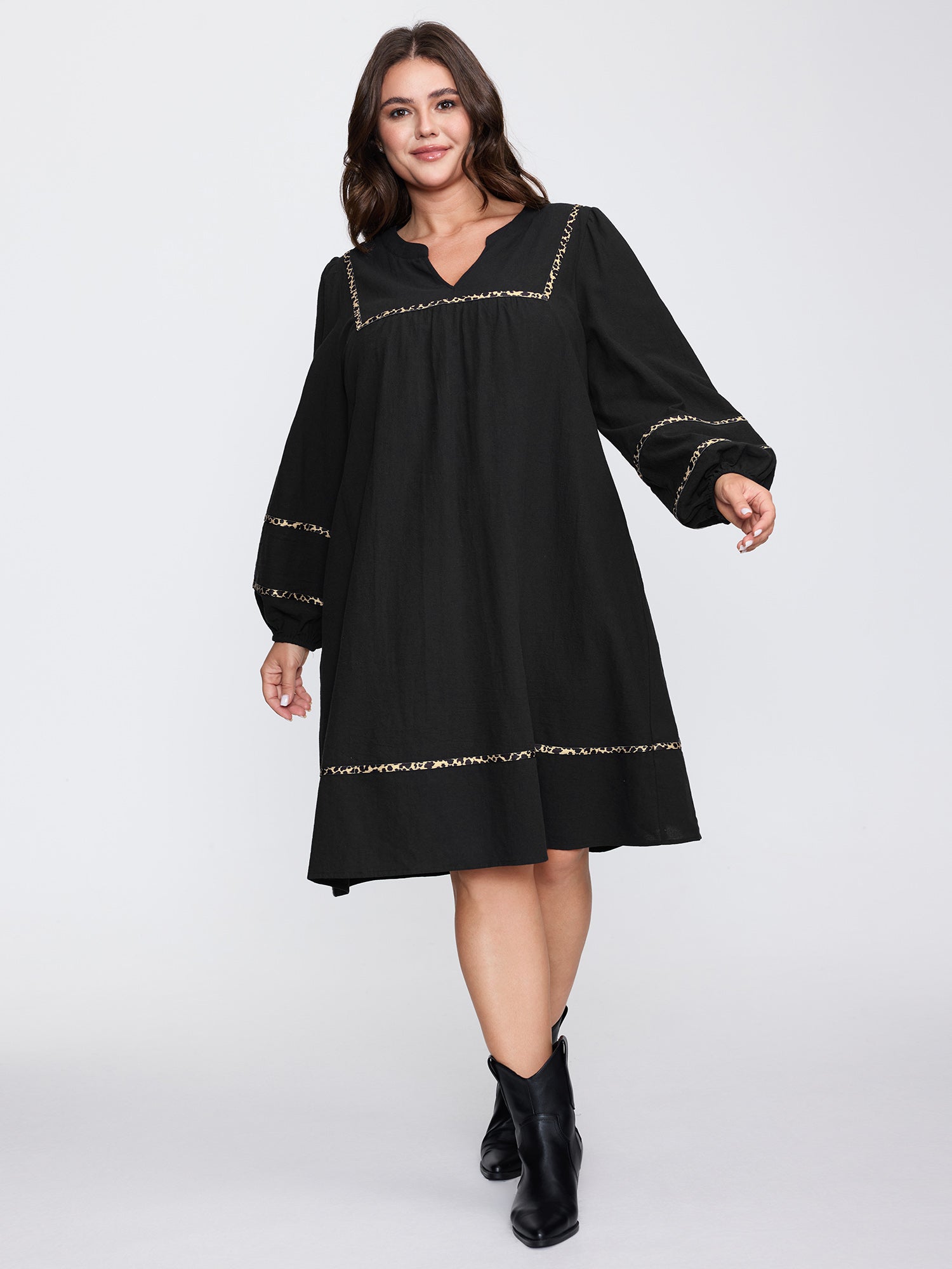 Cotton Leopard Print Notched Collar Midi Dress