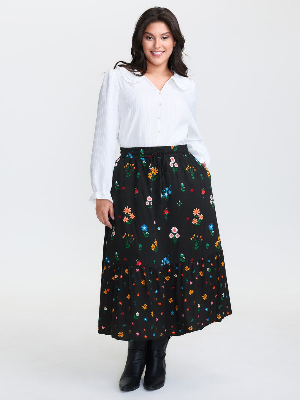 Colorful Floral Print Drawstring Midi Skirt