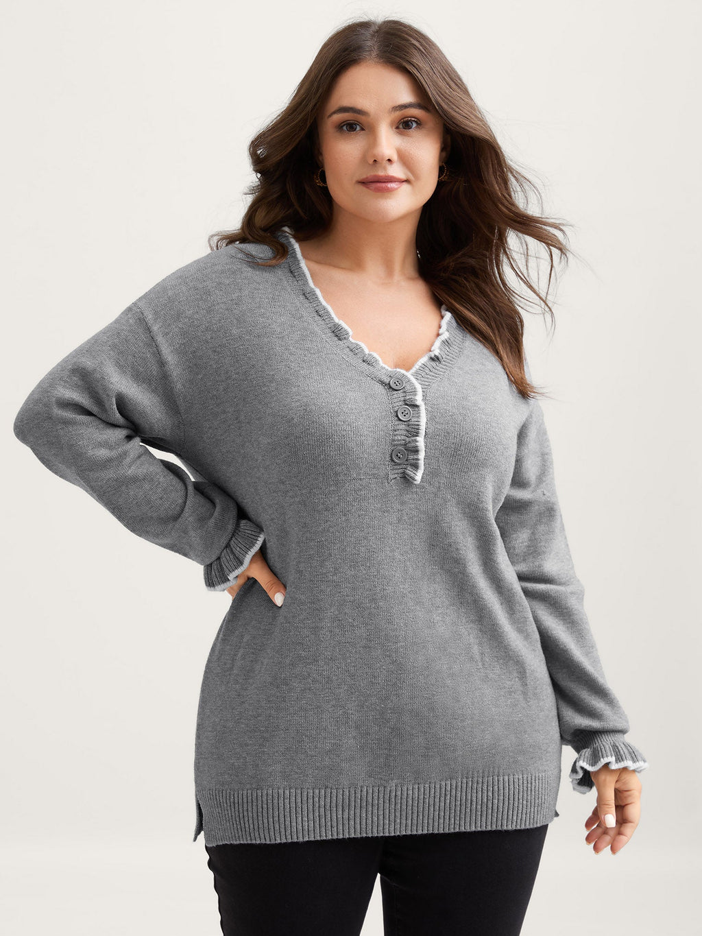 Color Contrast Ruffled Sleeve Pullover