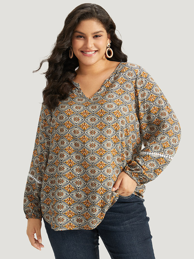 Boho Print Notched Contrast Lace Blouse