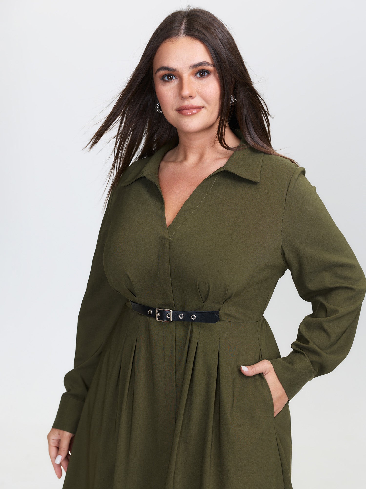 Arc Hem Cinched-Waist Shirt Maxi Dress