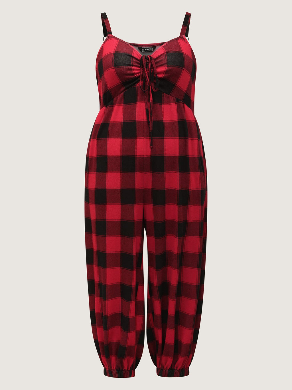 Checkered Shirred Drawstring Pockets Jumpsuit