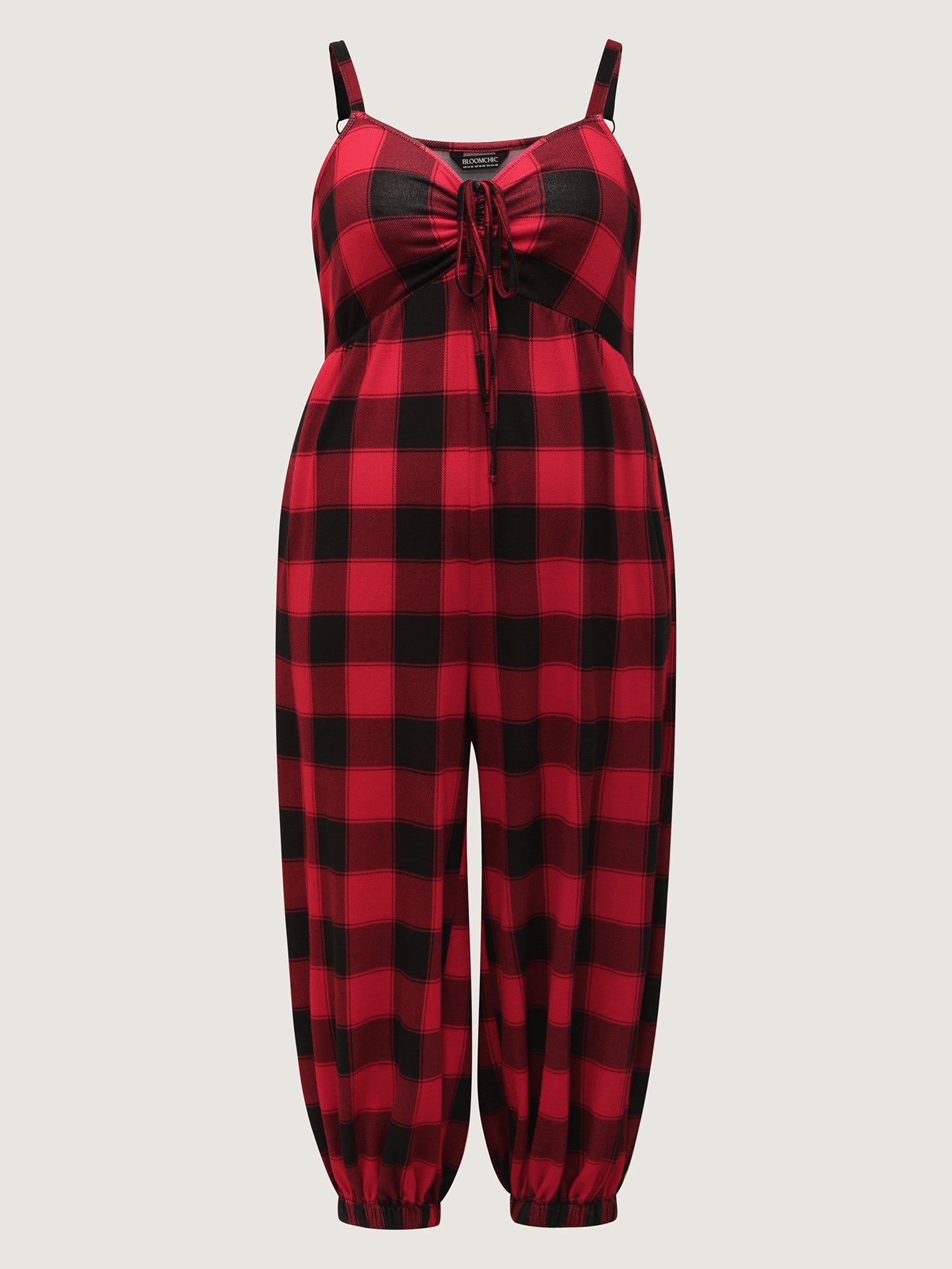 Checkered Shirred Drawstring Pockets Jumpsuit