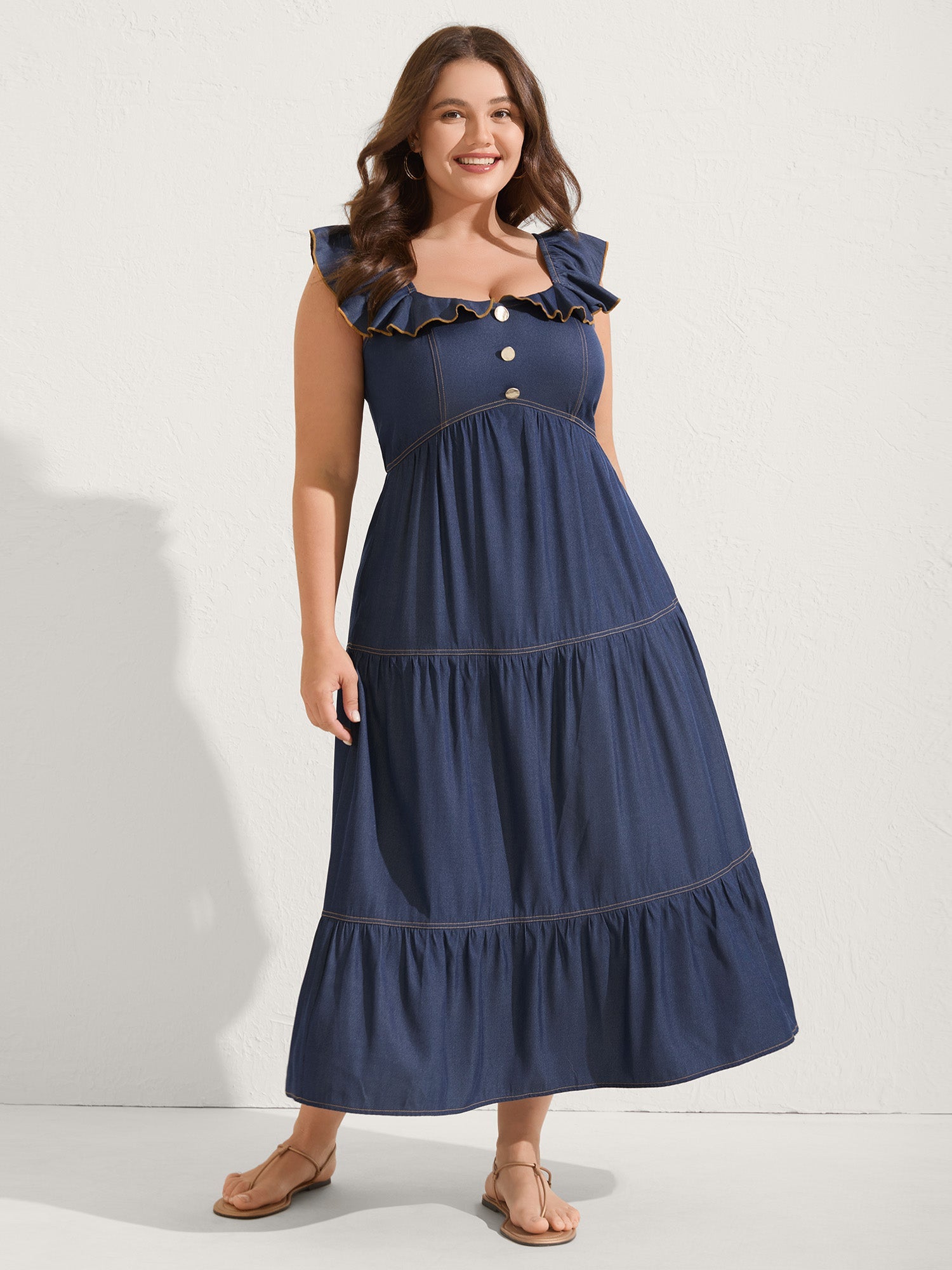 Denim-Like Ruffled Tiered Midi Dress