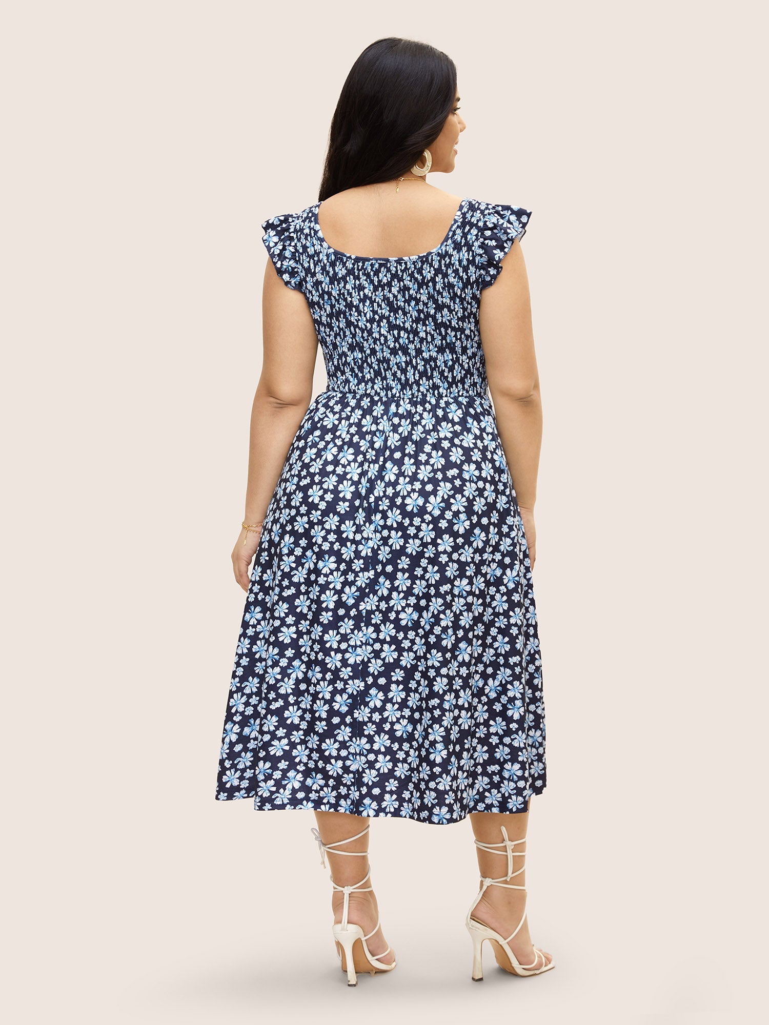 Ditsy Floral Shirred Ruffle Trim Midi Dress