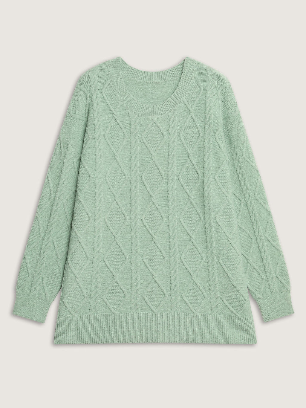 Cableknit Round Neck Ribbed Hem Pullover