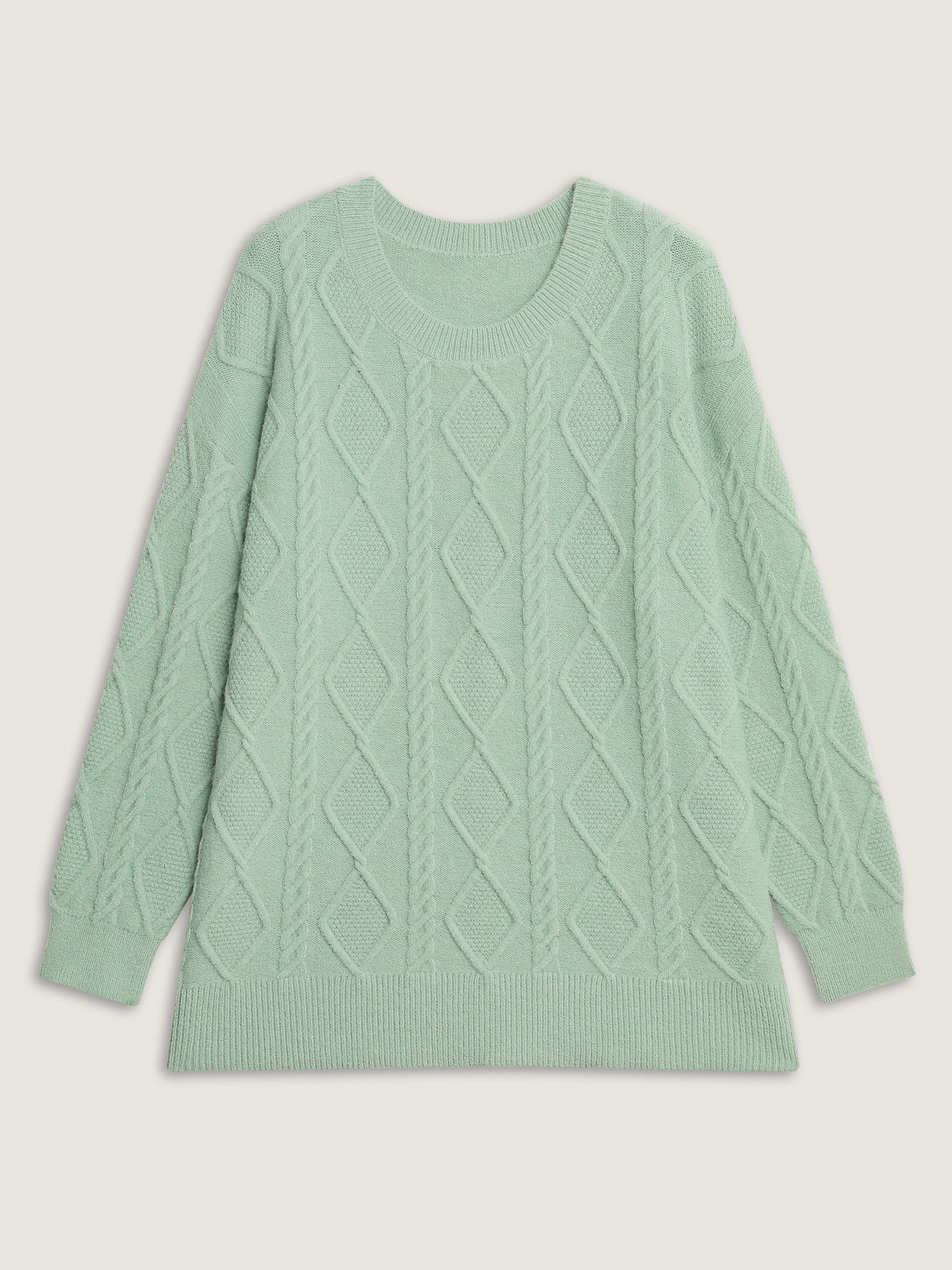 Cableknit Round Neck Ribbed Hem Pullover