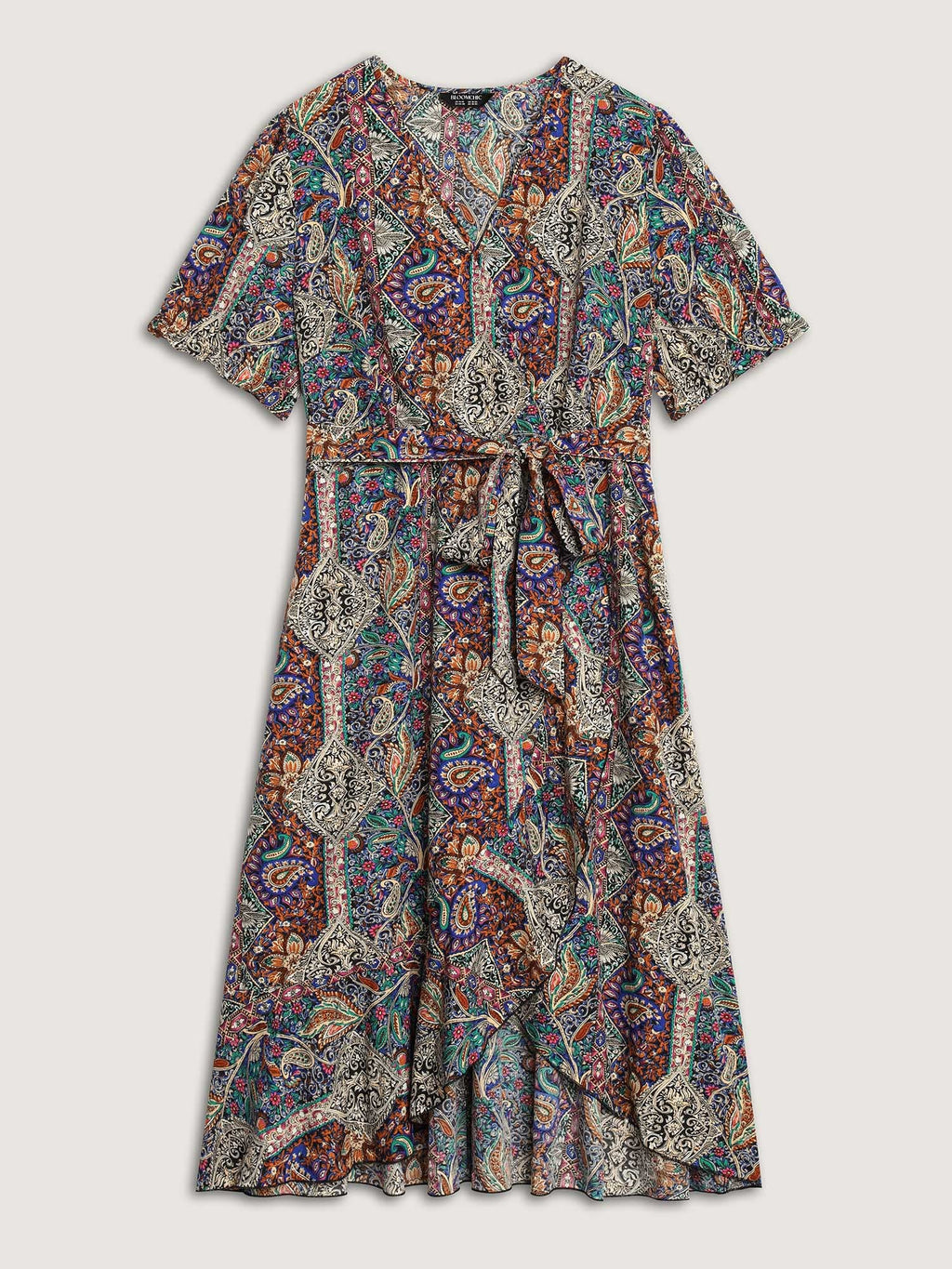 Boho Print Overlap Hem Belted Midi Dress