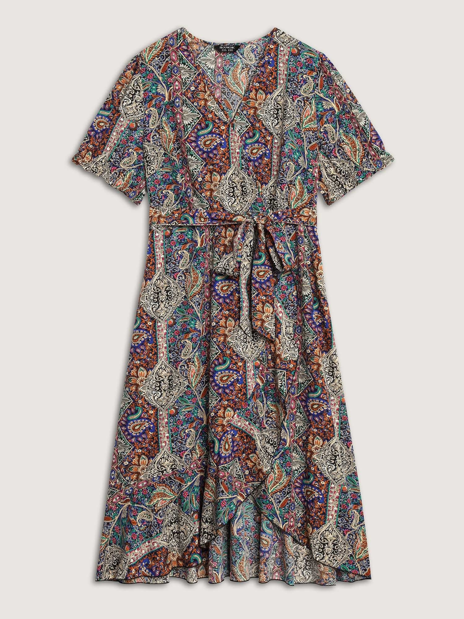 Boho Print Overlap Hem Belted Midi Dress
