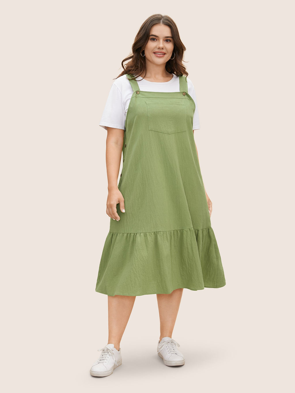 Cotton Square Neck Button Detail Patched Pocket Dress