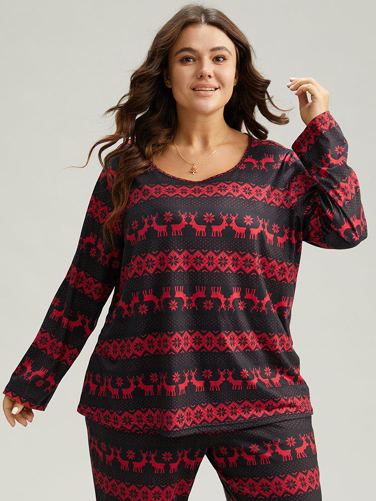 Christmas Elk Print Round Neck Sleep Top