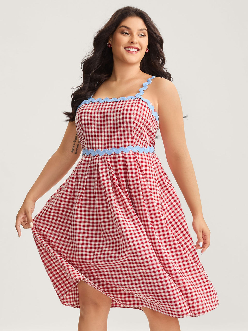 Cotton Sweet Gingham Print Stretchy Waist Midi Dress
