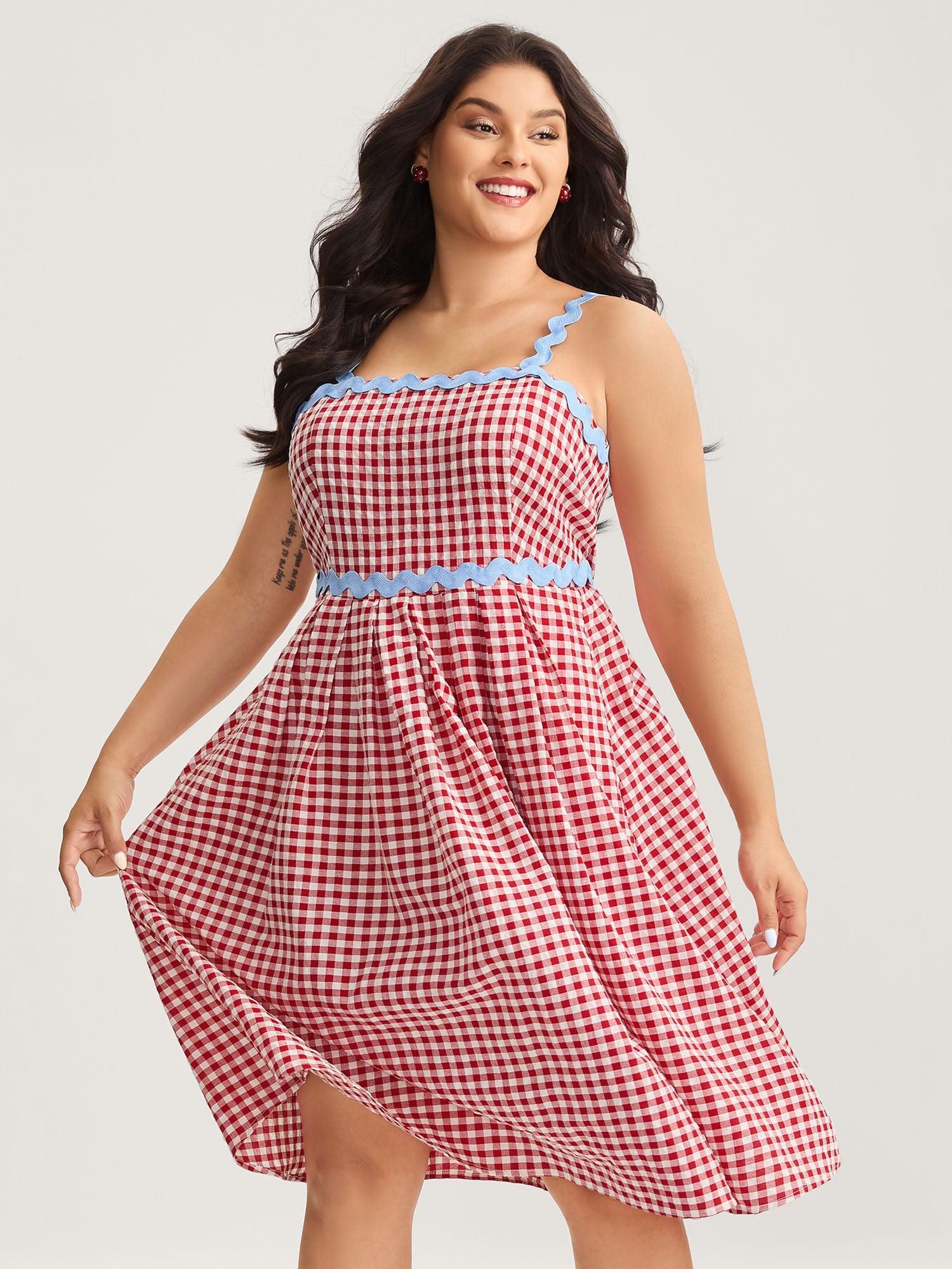 Cotton Sweet Gingham Print Stretchy Waist Midi Dress
