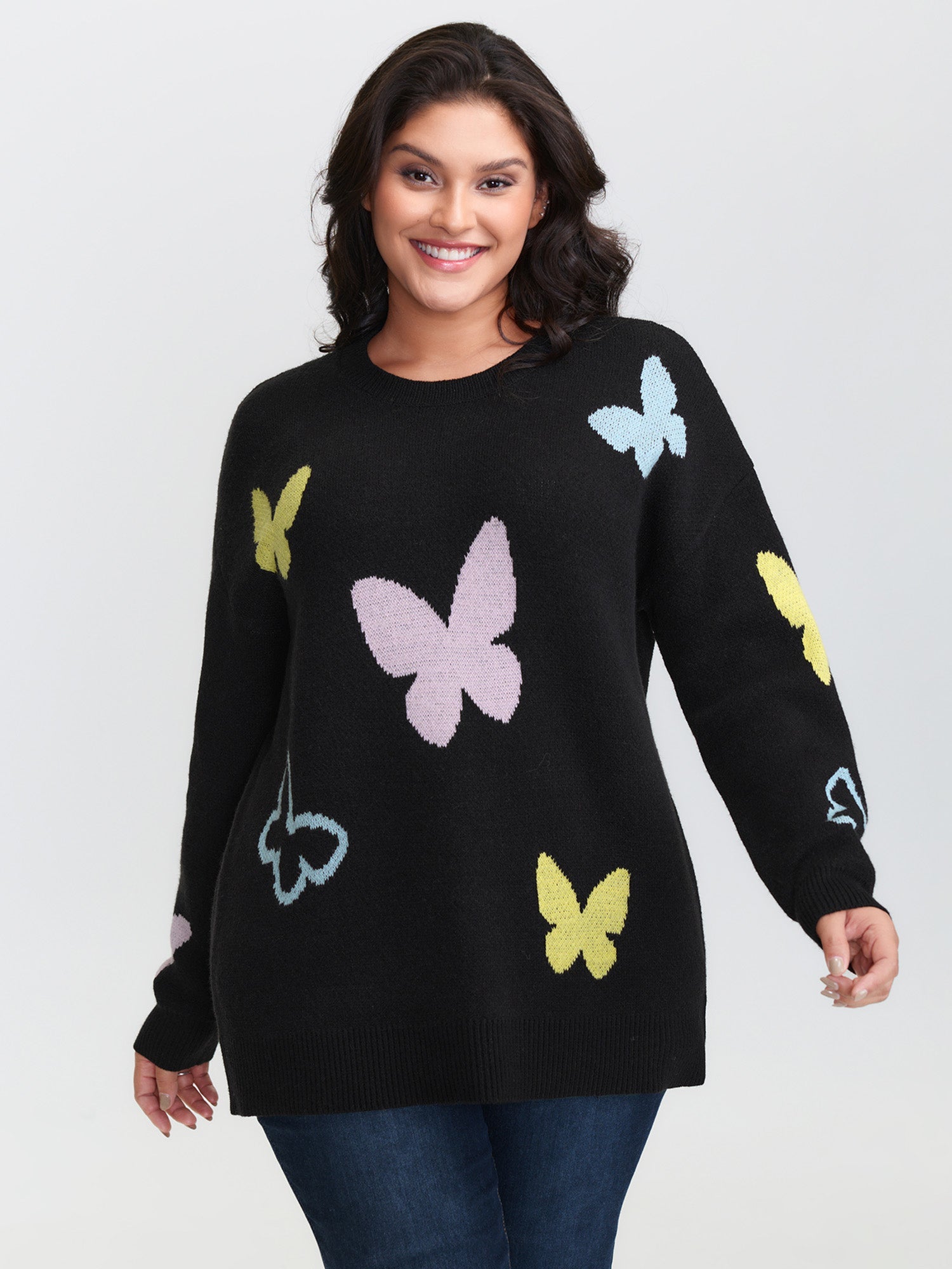 Butterfly Jacquard Pattern Round Neck Pullover